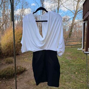 Y2K Drape Front Plunge Mini Dress Black White Two-Tone